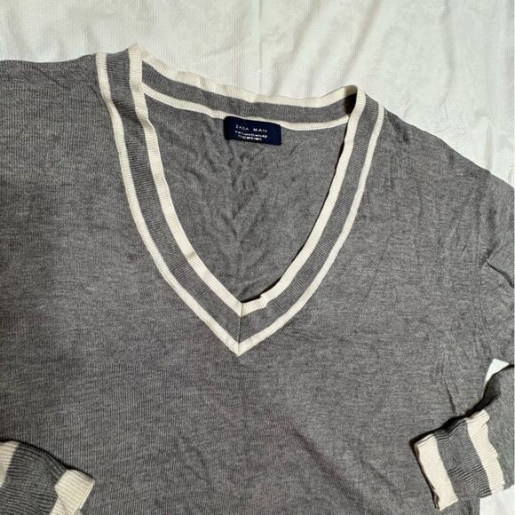 Zara Man Gray V-Neck Silk Blend Sweater with Cream White Trim Size XL - Picture 5 of 8